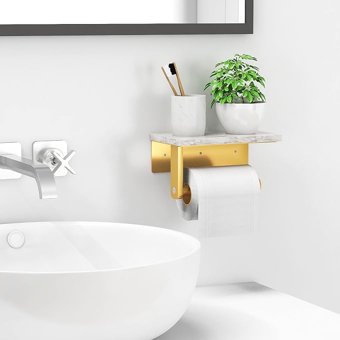 Brushed Gold Toilet Paper Holder with Natural Marble Shelf, 304 Stainless Steel Screw Wall Mounted, Tissue Roll Paper Holder Dispenser for Bathroom Washroom