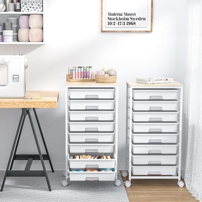 SYKIARIOL Rolling Storage Cart with Drawers,Utility Cart With 8 Drawers and Wooden Tabletop,Rolling Drawer Cart,Storage Drawer Cart for Living Room,Classroom,Bedroom,Bathroom,Dorm,Office,White