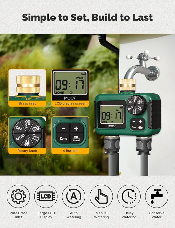 MOES 2 Outlet Sprinkler Timer, Brass Inlet & Outlet, Programmable Automatic Irrigation Controller, Rain Delay, Manual Watering, 2 Zone Water Hose Timer for Gardens, Lawns, and Hose Systems