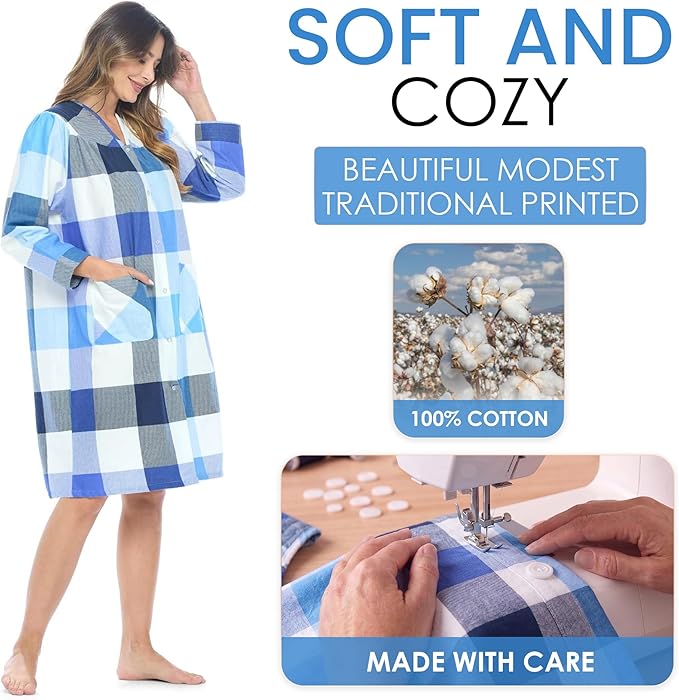 Casual Nights Women's Floral Snap Front Flannel Duster Long Sleeve Lounger Dress