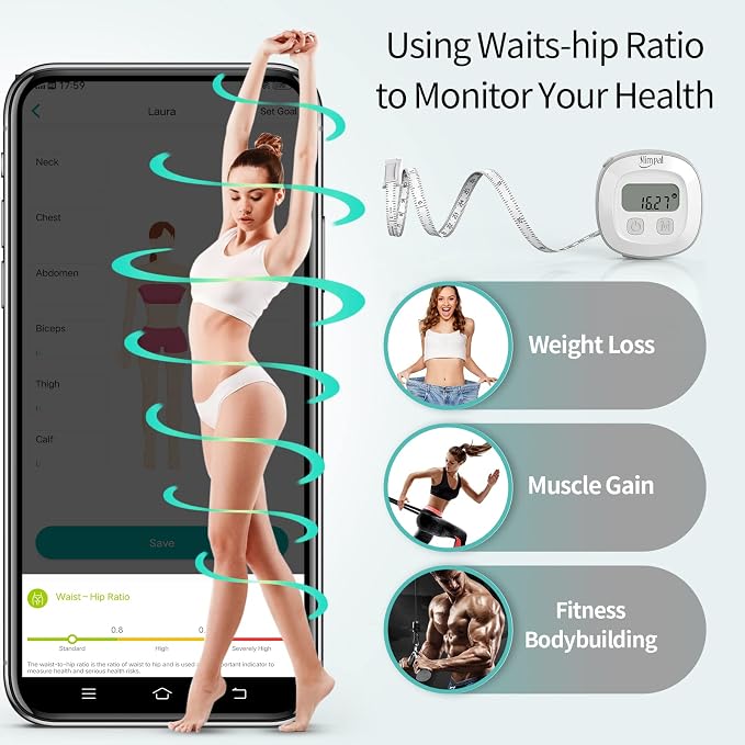 Slimpal Body Fat Measuring Tape and Smart Scale for Body Weight and Fat with APP Digital Bathroom Scale for Weight Loss, Body Composition and Circumference Analyzer
