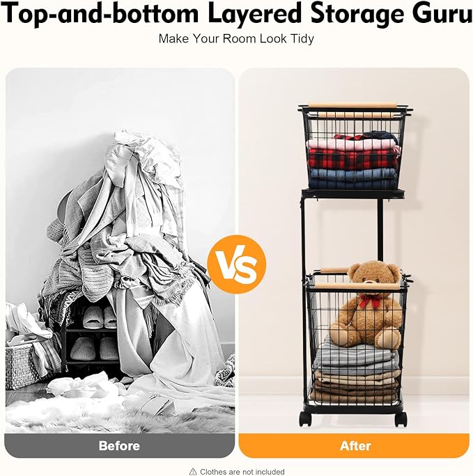 2 Tier Laundry Basket, Removable Metal Wire Laundry Cart with 4 Universal Wheels Rolling Laundry Basket Floor Standing Clothing Garment Sorting Hamper Organizer Load Bearing Capacity 88.18 lbs (Black)
