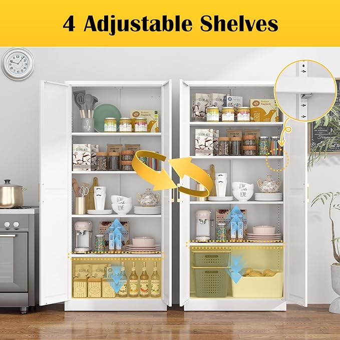 Steeloong 71"Metal Pantry Storage Cabinet with Doors & 4 Adjustable Shelves | Kitchen Pantry Cabinet,White Kitchen Cabinet with 2 Gold Handles,Tall Cabinet for Livingroom,Pantry, Bathroom,Kitchen