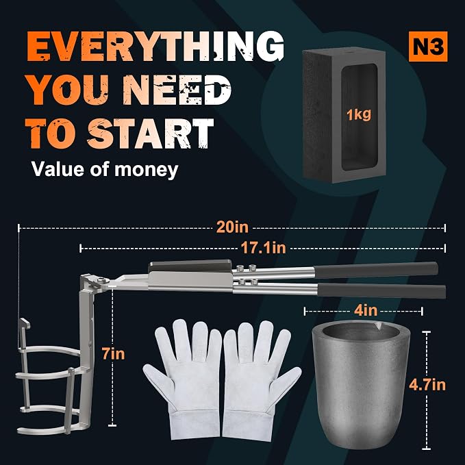 CANALHOUT 4kg Crucible Tongs Set for Melting Metal | 2-in-1 Lifting & Pouring Tong w/ Spouted Graphite Crucible, Ingot Mold & Gloves, for Metal Melting Jewelry Casting