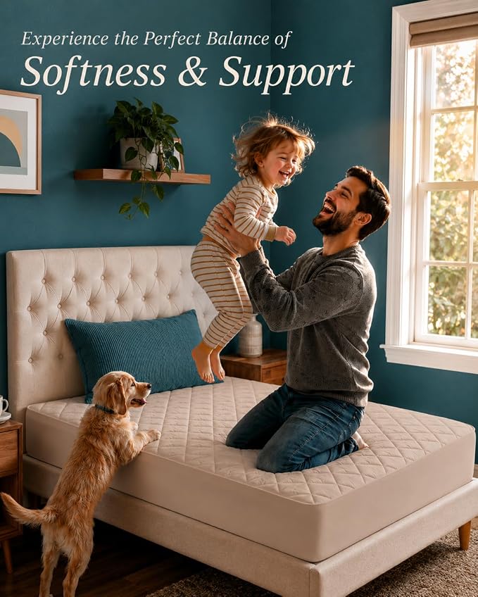 Quilted Fitted Mattress Pad, Twin Mattress Protector Topper with Deep Pocket Stretches up to 16 Inches, Machine Washable Mattress Cover by Utopia Bedding (Beige)