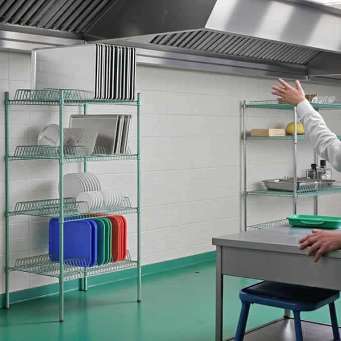 PRO&Family Green Epoxy 4-Tier Commercial Drying Rack with Casters – Heavy Duty Wire Shelving for Dish Drying, Kitchen Storage & Food Service Use (24" x 36" Stationary, 1 1/4" Slots)