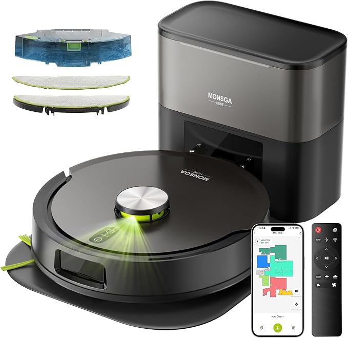 MONSGA Robot Vacuum and Mop Combo, 90 Days Self-Emptying with 8000Pa Suction, LiDAR Smart Mapping, Dual Anti-Tangle for Pet Hair, Carpet and Hard Floor