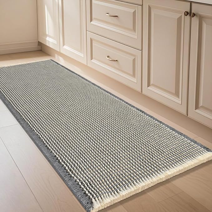 IM HOME Waffle Bath Mat Grey & Beige 5'x2', Boho Woven Modern Bath Mat Rugs, Absorbent Non Slip Bathroom Rugs, Soft Washable Bath Rugs with Tassels for Bathroom, Bedroom, Kitchen, Shower, Tub
