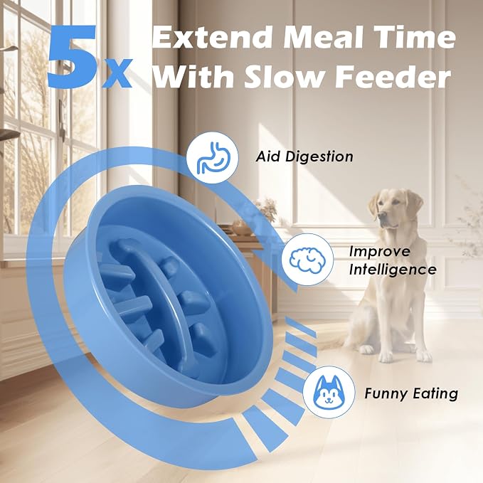SHAINFUN Blue Raised Dog Bowl Stand with Two 1700ml Stainless Steel Food Bowl, a Slow Feeder and Spill Proof Mat, Adjustable Elevated Dog Bowls for Large Medium and Small Breeds