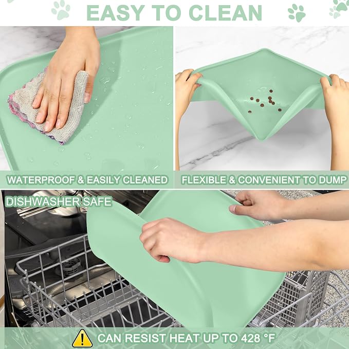 SMILOOL Waterproof Silicone Pet Food Mat with Raised Edge for Dog & Cat | 22" x 14" Non-Slip Pet Feeding Mats with Lip for Food & Water Bowl, Food Grade, Easy Cleaning, Mint Green