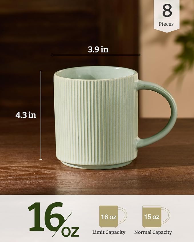 famiware Coffee Mug Set for 8, Star 16 oz Catering Mugs Cup Set with Handle for Coffee, Tea, Cocoa, Milk - Ceramic Stoneware Drinkware Set, Matte Green