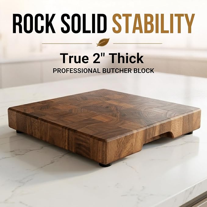SHUMARU End Grain Cutting Board, 12.6 x 12.6 x 2 Inch Thick Square Butcher Block, Premium Exotic Heartwood, Knife-Friendly Chopping Block with Non-Slip Feet & Hidden Side Handles