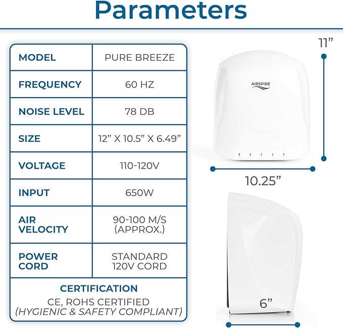 Electric Hand Dryer for Commercial Bathrooms & Home Use (110-120V) - Energy Efficient 650W Automatic Hand Dryer - HEPA Air Filtration & UV Protection - Wall Mounted, 78 dB - Cool Air (White)