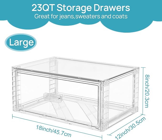 Vtopmart 6 Pack Large Clear Stackable Storage Drawers 23QT, Easily Assemble Plastic Closet Storage Bins, Dust-Proof UnderBed Organizer for Clothing, Sweater Organization