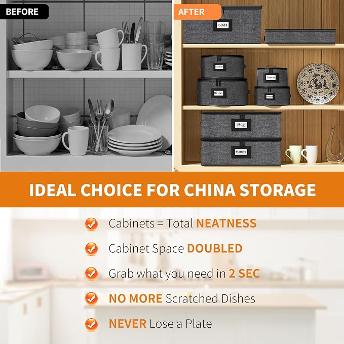 Aokeyee 8-Piece China Storage Containers Set, Hard Shell Moving Boxes for Dishes, Plates, Mugs, Wine Glass & Flatware – Dinnerware Organizer with Soft Felt Dividers, Sturdy Handles & Zippers, Grey