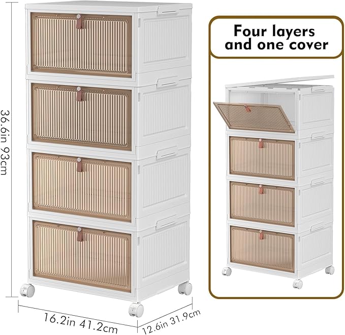 YFXCVSL 4 Tier Plastic Storage Bins with Lid 28QT - Stackable Storage Containers with Wheels, Folding Storage Boxes, Collapsible Storage Bins, Closet Organizers and Storage
