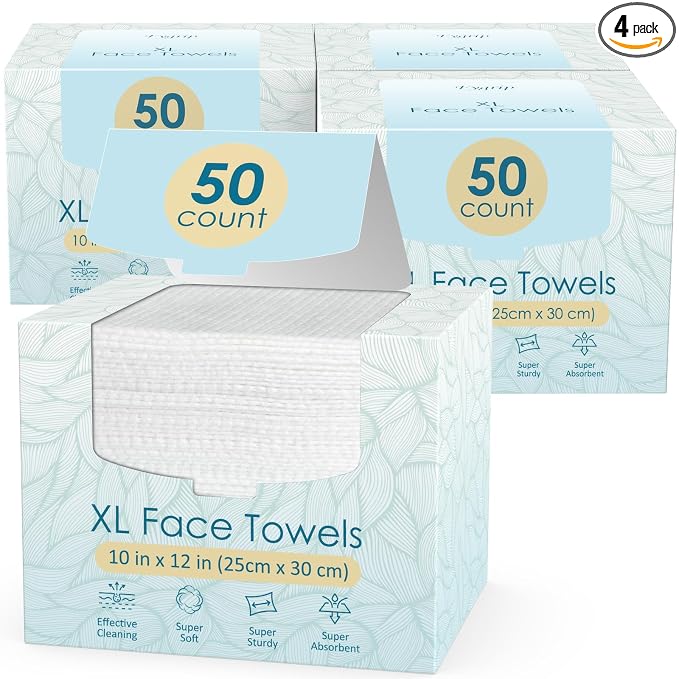 Fygrip 4 Pack of 50 count XL Disposable Face Towels 10” x 12”, 100% Viscose Fibre, Soft & Skin Friendly Face Towelettes Disposable, Facial Tissue Wipes for Women Cleansing