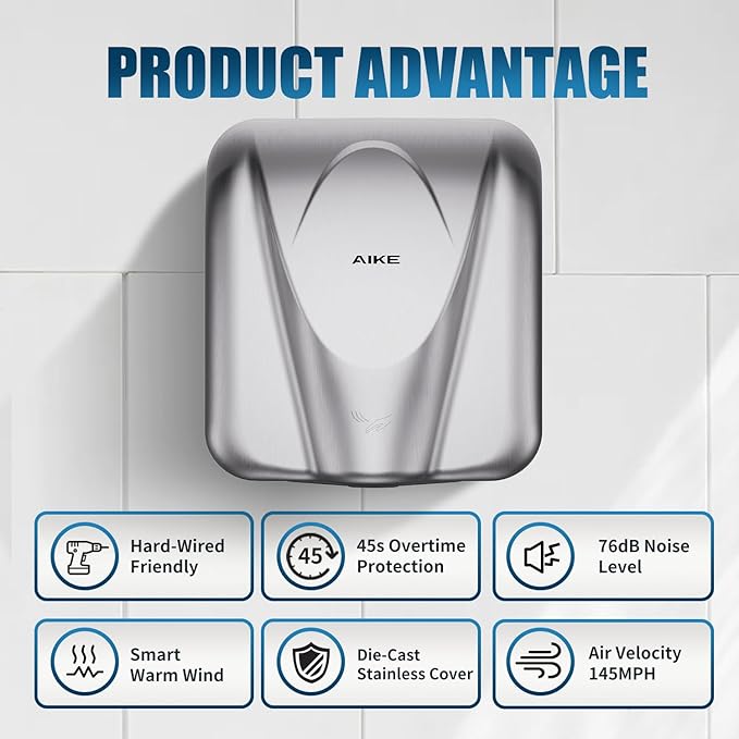 AIKE Elephant Power Commercial Hand Dryer High Speed Auto Warm Wind, Brushed Stainless Steel Cover AC110V-130V Model AK2812