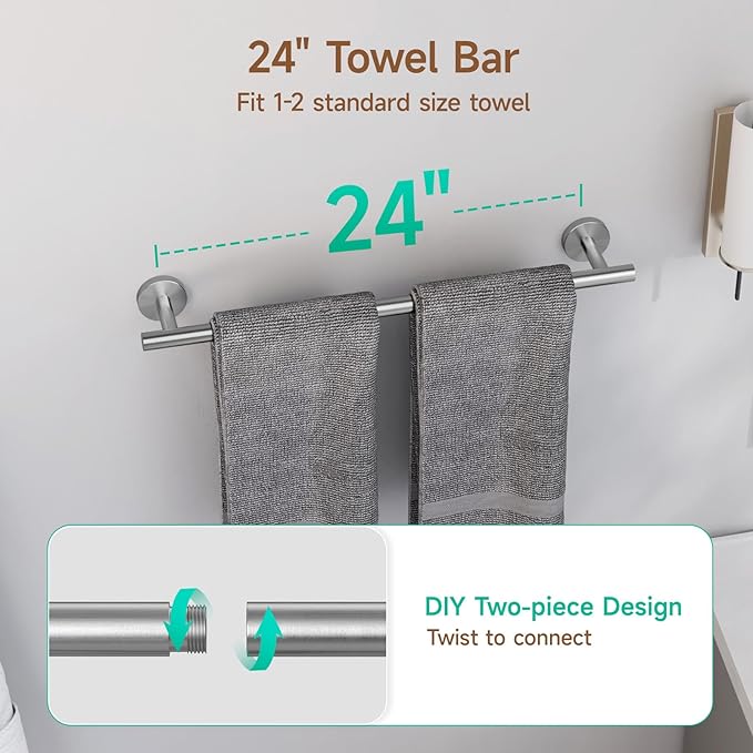 USHOWER Brushed Nickel Bathroom Hardware Set, Modern 24-Inch Towel Bar Set Wall Mounted, Durable SUS304 Stainless Steel Bathroom Accessories Set, 8-Piece