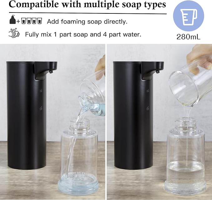 LAOPAO Automatic Soap Dispenser Foaming: Rechargeable Touchless Soap Dispenser Stainless Steel Foam Soap Dispenser for Bathroom Hand Soap Pump for Kitchen Xmas Gift, 9oz, Black