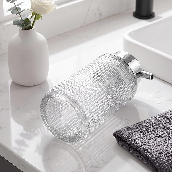 KASUNTING Foaming Soap Dispenser, 11 Fl Oz Clear Glass Foam Hand Soap Dispenser for Bathroom & Kitchen, Refillable Foaming Bottle with Sliver Pump, Modern Ribbed Dish Soap Foam Dispenser