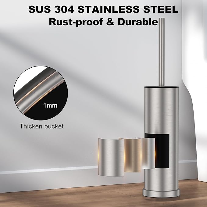 Stain Nickel Toilet Brush and Holder Set，Stainless Steel Heavy Duty Toilet Bowl Brush，Extra Long Handled Modern Toilet Cleaner Brush with Replaceable Head, Removable Inner Bowl, and Splash Protection