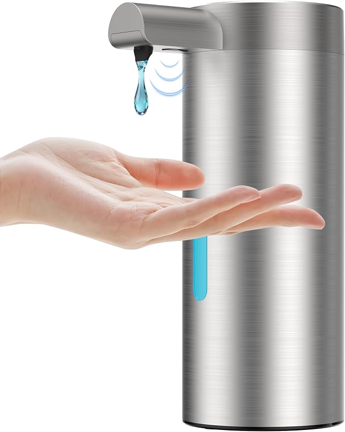 Liquid Sensor Pump, 12.17 oz Automatic Soap Dispenser for Kitchen and Bathroom, Touchless Automatic Soap Dispenser, Variable Dispense, Rechargeable, No-Drip Spout, High-Grade Brushed Stainless Steel