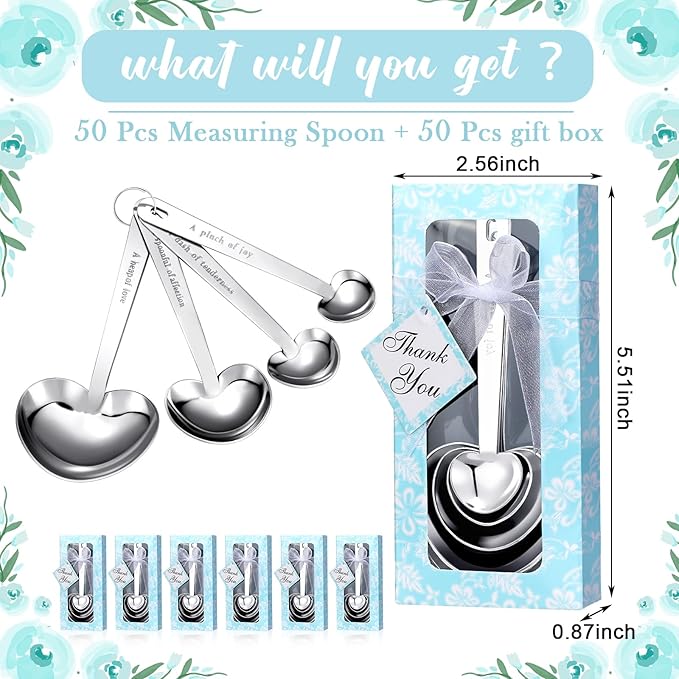 Yinder 50 Sets Heart Measuring Spoons Wedding Favors for Guests with Gift Box and Thank You Card, Bridal Shower Favors Bulk, Kitchen Measuring Spoon Gift Set for Party Souvenirs(Blue)