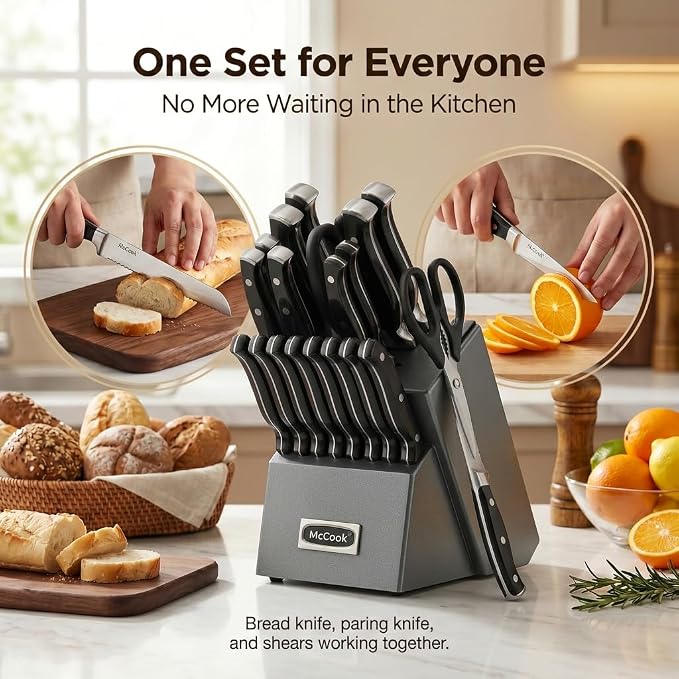 McCook Knife Set Sharp Kitchen Knife Block Set w Built-in Sharpener | German Forged Stainless Steel,20 PC,Anti-Rust,Triple Rivet,Restaurant Grade,Ergonomic Handle,Full Tang,Gift Box