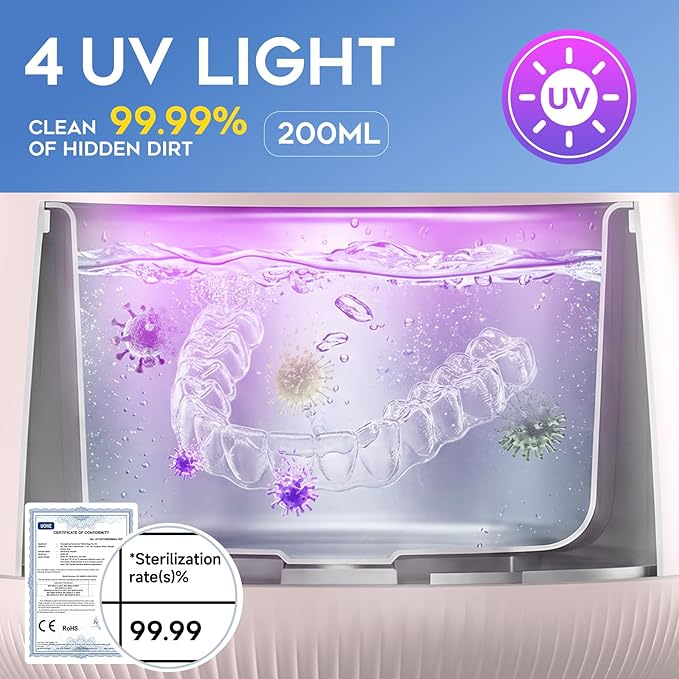 Ultrasonic Retainer Cleaner Machine, Dynamic 42-48kHz Dental Cleaning Pod with Digital Timer, 200ml Mouth Guard Cleaner Pod for Aligners, Night Guards, Dental Trays, Braces & Toothbrushes (Pink)