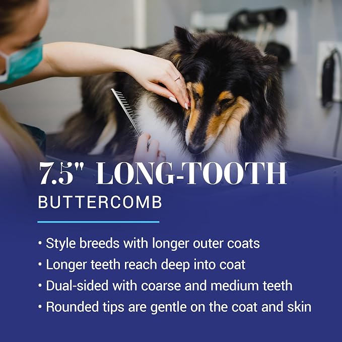 Chris Christensen 005 7.5 inch Fine/Coarse Long Tooth Greyhound-Style Butter Comb, Groom Like a Professional, Rounded Corners Prevent Friction and Breakage, Solid Brass Spin with Steel Teeth, Chrome