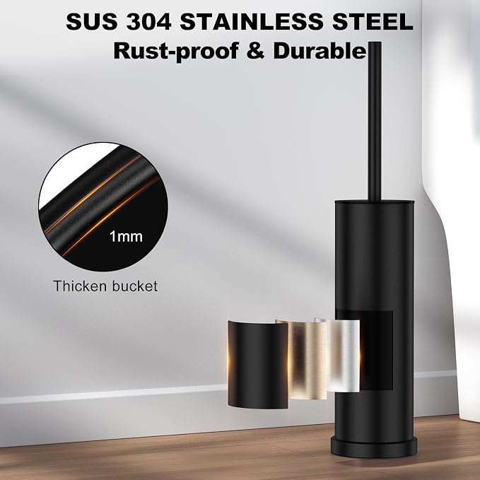 Black Toilet Brush and Holder Set，2 Pack Stainless Steel Heavy Duty Toilet Bowl Brush，Extra Long Handled Modern Toilet Cleaner Brush with Replaceable Head, Removable Inner Bowl, and Splash Protection