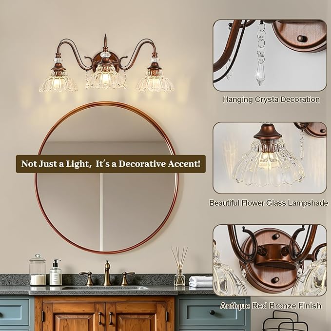 Vintage Bathroom Vanity Light, 3-Light Matte Antique Red Bronze Finish Wall Sconce with Hanging Crystal Accent and Flower-Shaped Clear Glass Shades, Retro Wall Mount Vanity Light Over Mirror