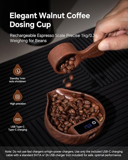 Walnut Coffee Bean Scale & Spoon - Easy Measuring/Dosing Scale Cup with LED Display for Kitchen Weighing, Espresso, Tea, Coffee Lover Gifts
