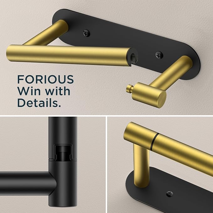 FORIOUS Toilet Paper Holder, Adhesive or Screw Wall Mount Pivoting Tissue Roll Holder, Stainless Steel Self Adhesive Toilet Paper Roll Holder no Drilling (Matte Black & Brushed Gold, Classic)