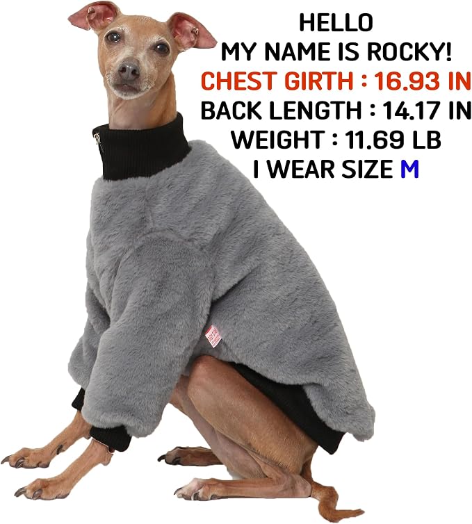 D DOGGYSTAR Italian Greyhound Winter Faux Fur Zip Up Coat Warm Plush Jacket for Slim Long Leg Dogs (2XL,Zip-up Dark Grey)