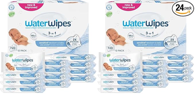 WaterWipes Sensitive+ Newborn & Baby Wipes, 3-In-1 Cleans, Cares, Protects, 99.9% Water, Unscented & Hypoallergenic, 60 Count (Pack of 24)