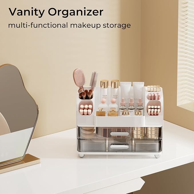 UFORU Makeup Organizer for Vanity with 2 Large Drawers, Cosmetic Display Case with Brush Holders, Easy to Storage for Bathroom Countertop Skincare, Perfume, White