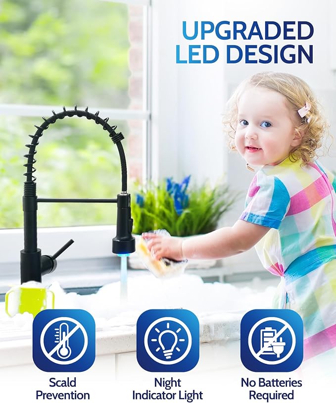 LUFEIDRA Black Kitchen Faucet with Sprayer LED Light, High Arc Spring 304 Stainless Steel Single Handle LED Faucets, Kitchen Sink Faucet for Bar Sink Rv, Matte Black, Pot Filler Faucets