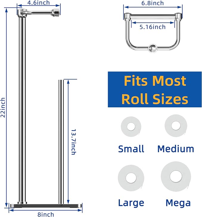 RUACQ Toilet Paper Holder Stand, Bathroom Toilet Paper roll Holder Free Standing with Storage for 4 Rolls, Post Pivoting Design, Stable Weighted Base, SUS304 Stainless Steel(Chrome)