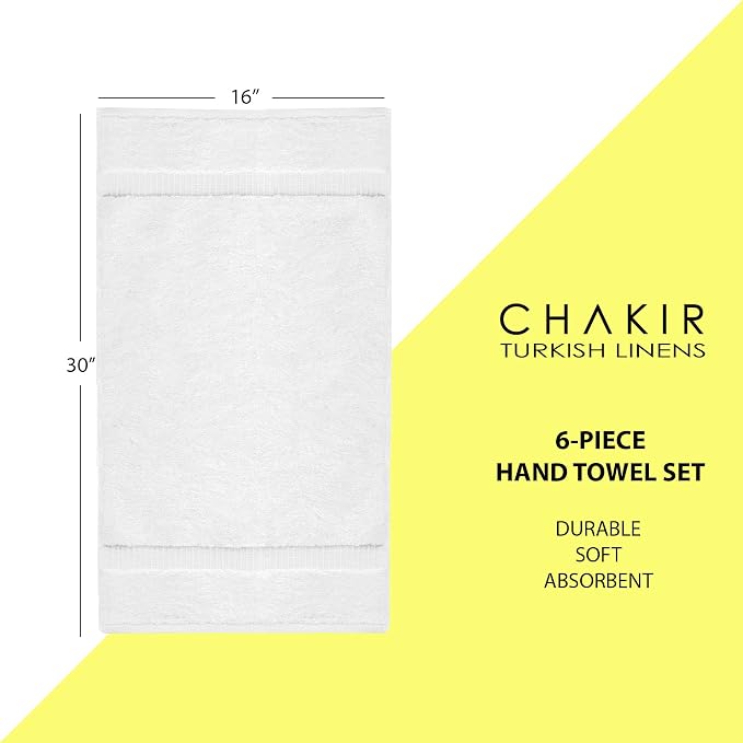 Chakir Turkish Linens 6 Piece Hand Towels, 100% Cotton Luxury Turkish Towels for Bathroom, Soft Absorbent Hand Towel Set, 16 x 30 Inches, White