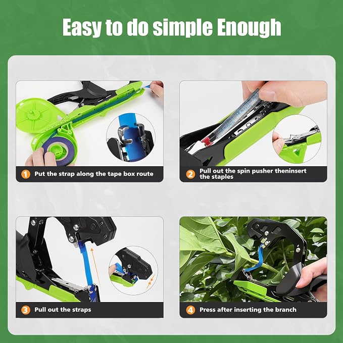 Upgraded Plant Tying Machine Gun, Lightweight Garden Tapener Tool with SK5 Blade for Tomatoes Grapes Cucumbers Vegetables, Includes 12 Rolls Tapes and 1 Box 10000pcs Staples（Green