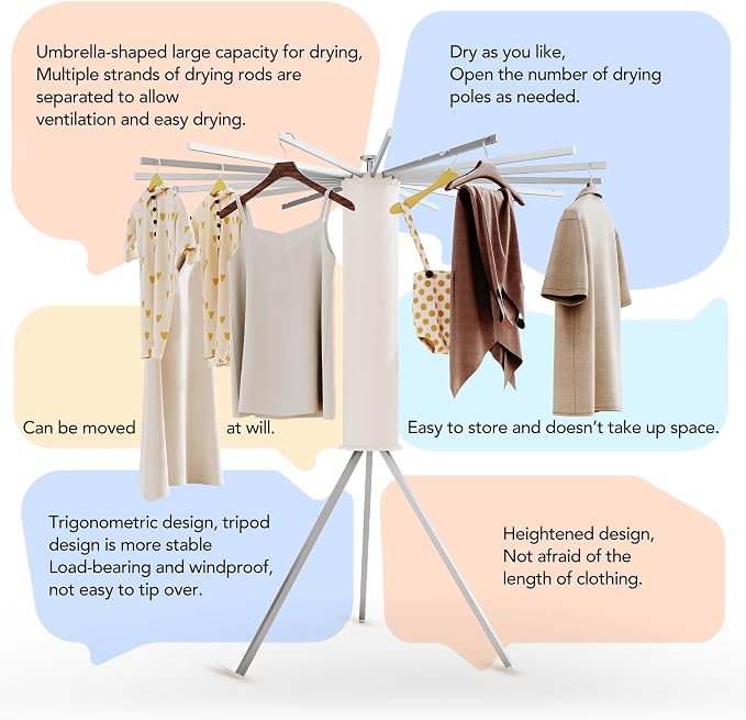 LIENAHU Clothes Drying Rack,Drying Rack Clothing,Laundry Drying Rack,Floor Standing,16 Aluminium Poles,Collapsible,Retractable,Foldable,Folding Laundry Rack