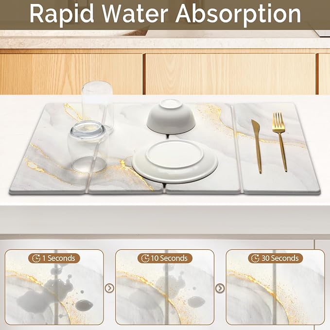 Large Stone Dish Drying Mat for Kitchen Counter, 2 PCS Quick Dry Stone Mats, Foldable Water Absorbing Diatomaceous Earth Drying Dishes Pad for Countertop Bottle Utensil Cup(Yellow White 24"x16"&8"x4")