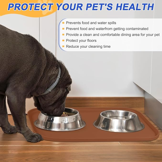 SMILOOL Waterproof Silicone Pet Food Mat with Raised Edge for Dog & Cat | 22" x 14" Non-Slip Pet Feeding Mats with Lip for Food & Water Bowl, Food Grade, Easy Cleaning, Brown