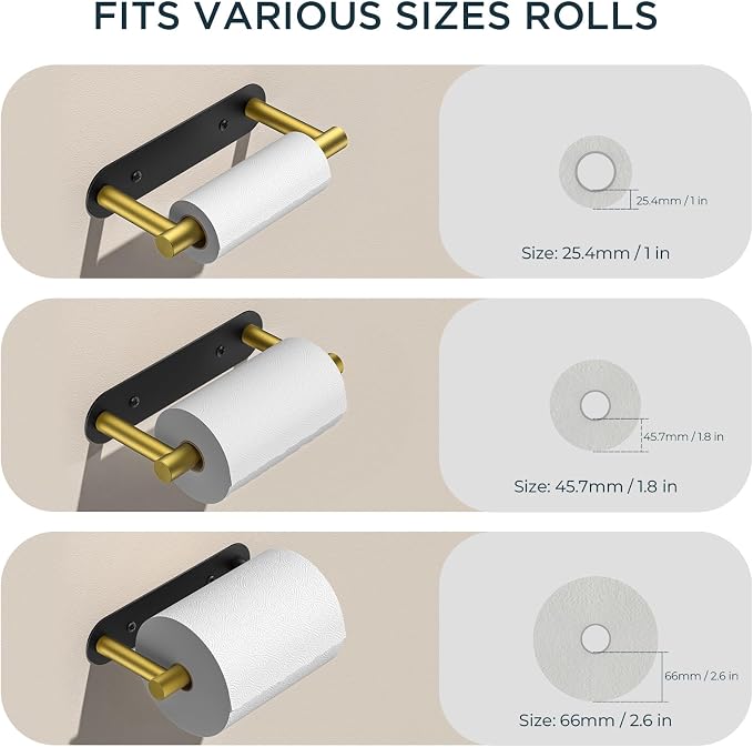 FORIOUS Toilet Paper Holder, Adhesive or Screw Wall Mount Pivoting Tissue Roll Holder, Stainless Steel Self Adhesive Toilet Paper Roll Holder no Drilling (Matte Black & Brushed Gold, Classic)