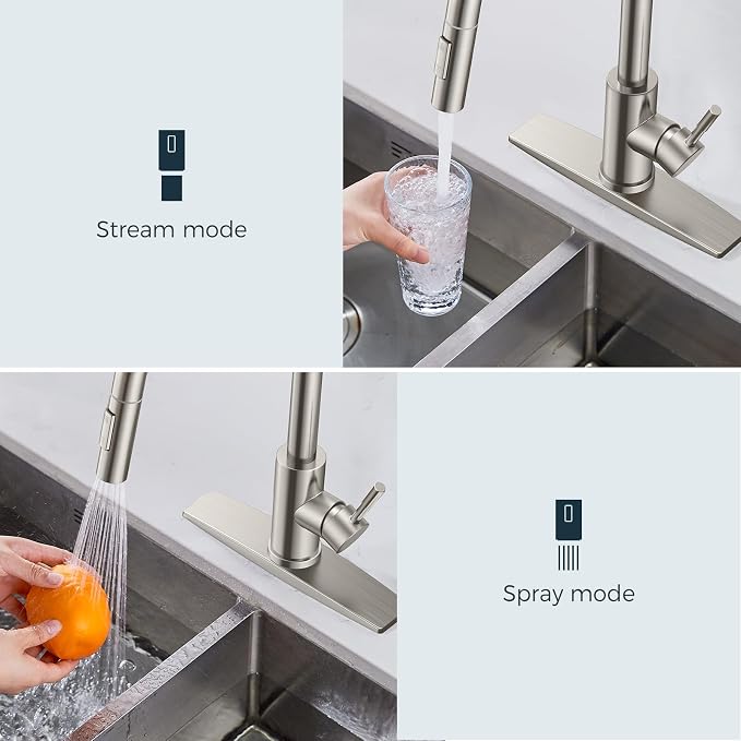 FORIOUS Brushed Nickel Kitchen Faucet with Soap Dispenser, High Arc Modern Sink Faucet with Pull Down Sprayer and Deck Plate, Stainless Steel Fit for 1 or 3 Hole for Pot Filler Bar Rv