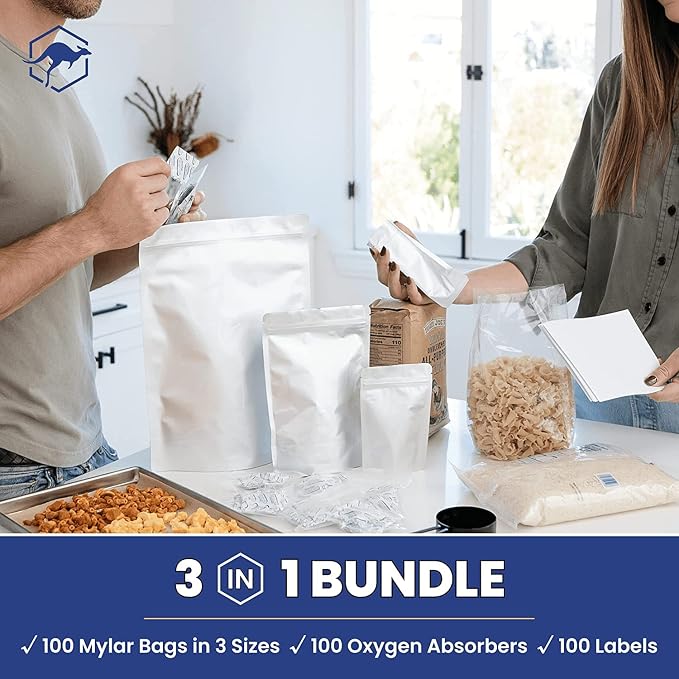 Wallaby 100ct Multi-Size Mylar Bags, 400cc Oxygen Absorbers, 15 & 10 Mil Total Thickness, 1-Gal, 1-Qt, 1/2-Pt, Stand-Up, Zipper & Heat-Sealable, Gusseted Zipper Bags for Long-Term Food Storage