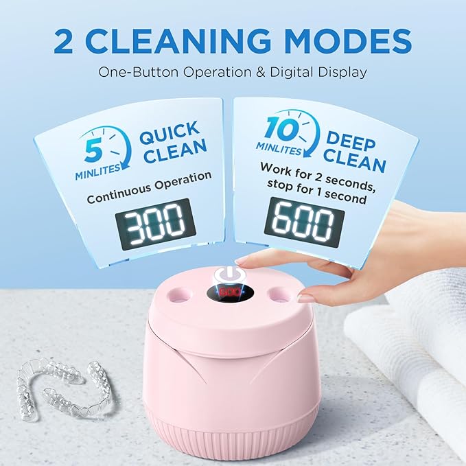 Dental Ultrasonic Retainer Cleaner Machine: 45kHz Dental Cleaning Pod with Digital Timer & 200ML, Cleaning for Dentures, Mouth Guards, Aligners, Night Guards, Braces, Toothbrush Heads & Jewelry, Pink