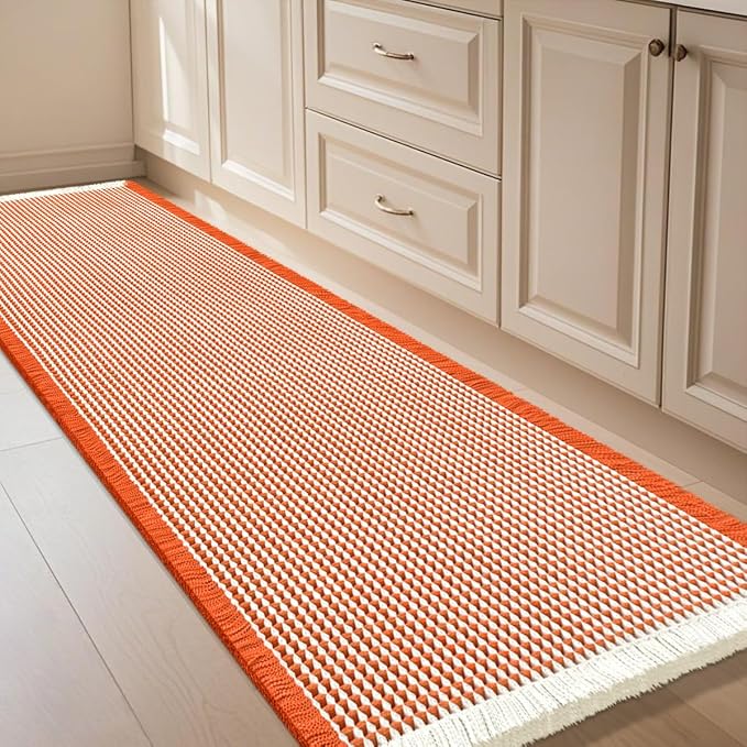 IM HOME Waffle Bath Mat Orange & Cream 6'x2', Boho Woven Modern Bath Mat Rugs, Absorbent Non Slip Bathroom Rugs, Soft Washable Bath Rugs with Tassels for Bathroom, Bedroom, Kitchen, Shower, Tub